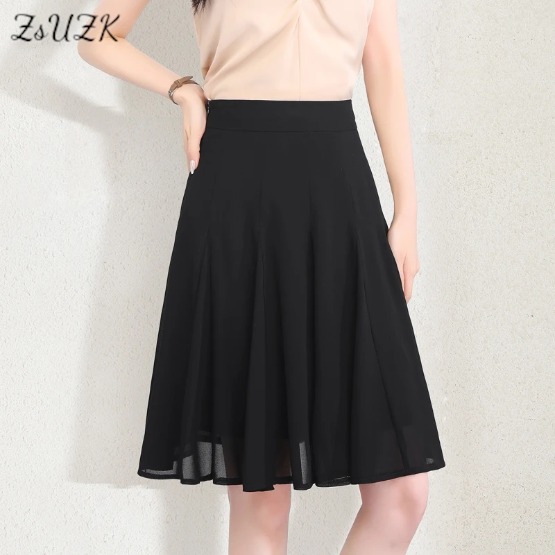 ZUZK  Chiffon A-line Skirt New Summer Cool Soft High Waist Elegant Lady Skirt Expansion Droop Knee-Length Skirt Jupe Women
