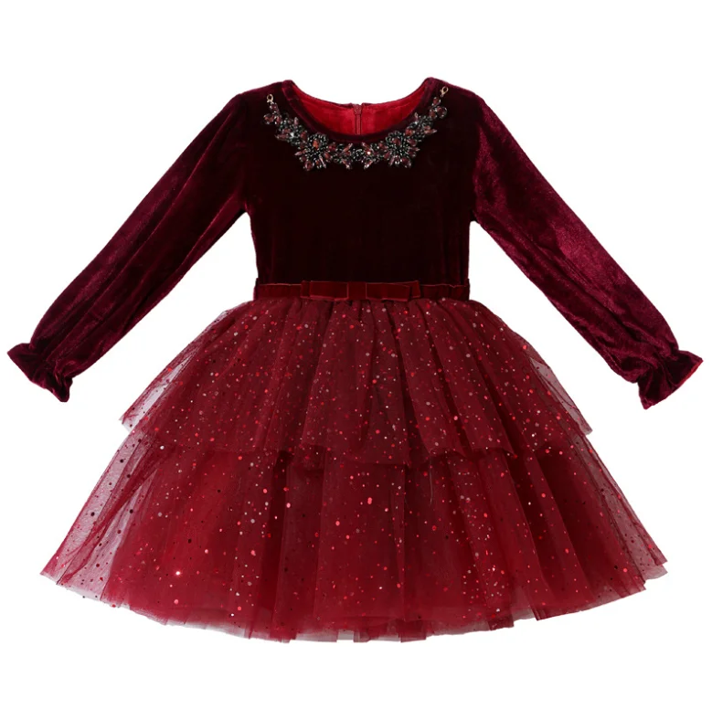 Retail New Baby Girls Boutique Wine Red Velour Mesh Tutu  Flower Dress, Princess Kids  Elegant Party Birthday Dress 4-8T