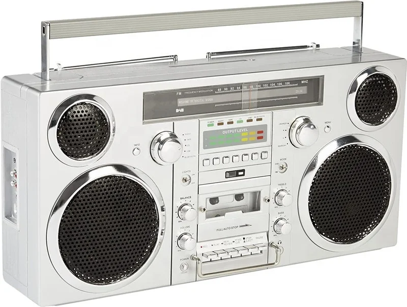 

Портативный бумбокс в стиле 80-х, серебристый, с CD-плеером, кассетным плеером, FM-радио, USB, беспроводной Bluetooth-колонкой