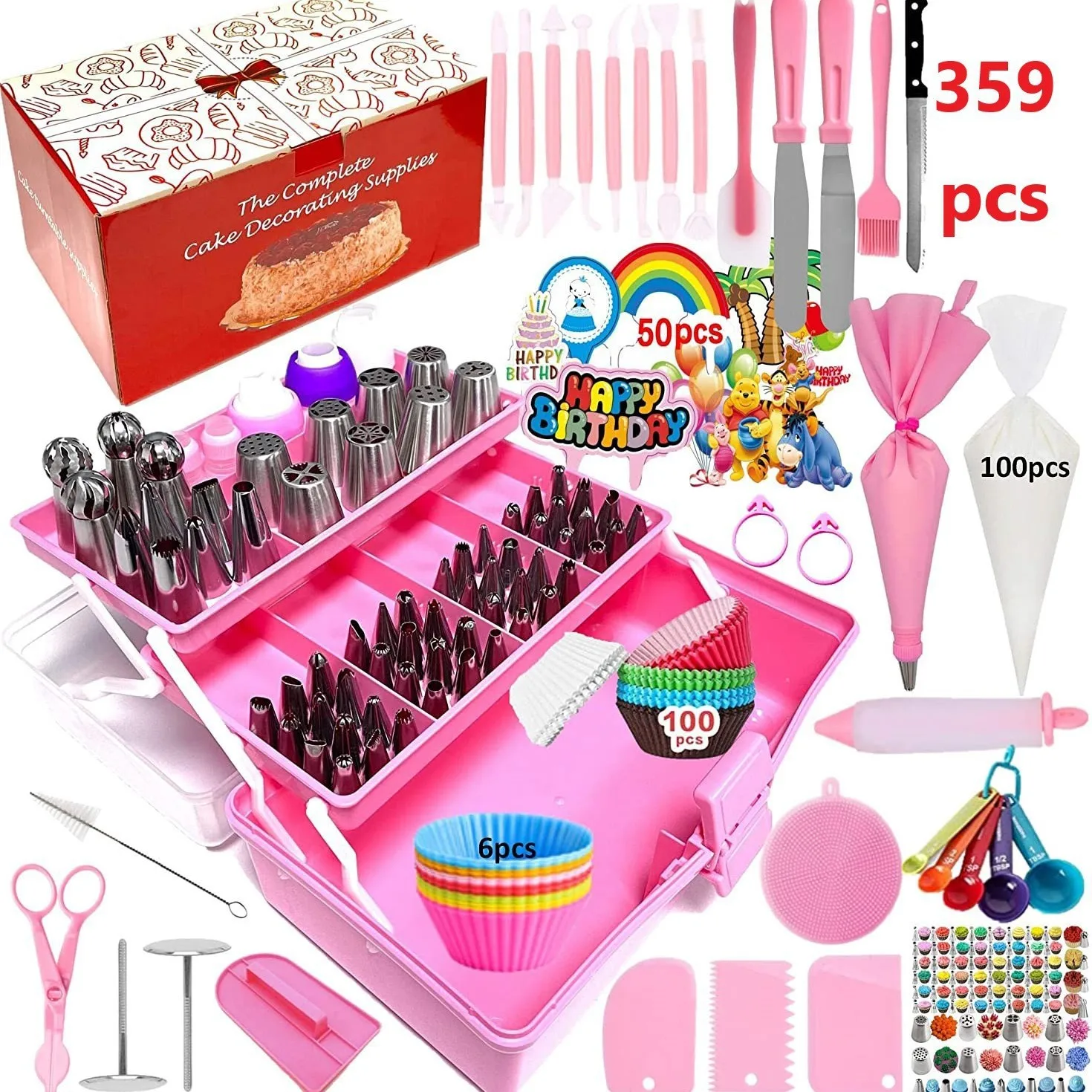 

359pcs Cake Decorating Baking Supplies Kit with Nonslip Turntable Stand Piping Bags Cupcake Nozzle Spatula Whisk Pastry Tool
