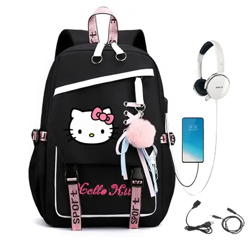 Mochila de dibujos animados de Hello Kitty, bolsa con carga USB, mochila escolar para ordenador portátil de gran capacidad, mochilas escolares para niños y adolescentes, bolsas de viaje