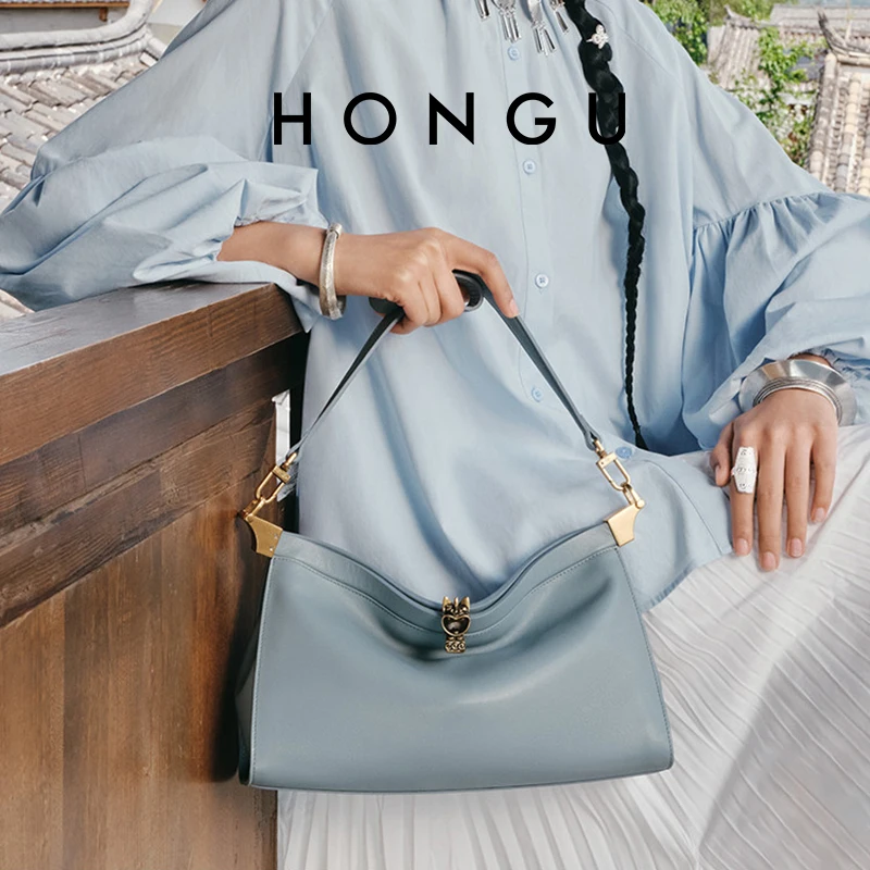 

Женская сумка через плечо HONGU, мода 2025, однотонная натуральная кожа, высококачественная металлическая сумка через плечо с мультяшной пряжкой, повседневная сумка H51756750