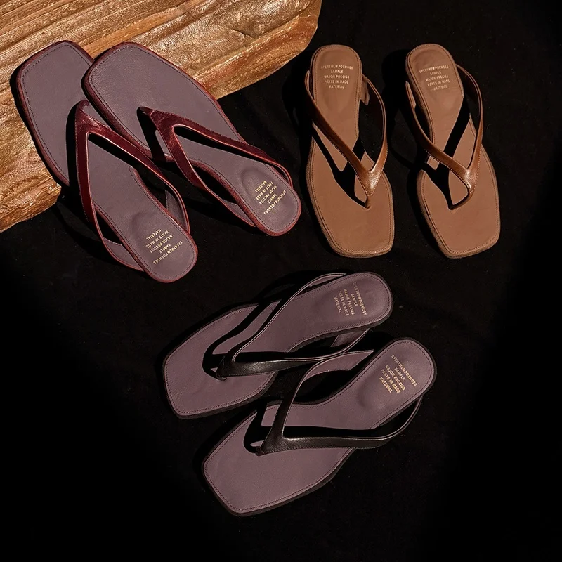 

MKKHOU Fashion Women's Shoes New High Quality Genuine Leather Slippers Square Head Slope Heel Flip flops Summer Women's Shoes