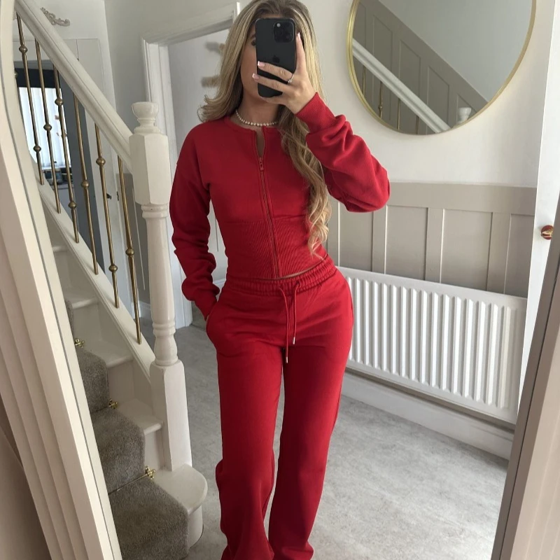 

Весенне-осенний свитшот, костюм из двух предметов, женские повседневные спортивные комплекты, короткие топы на молнии с круглым вырезом, прямые брюки, тонкие комплекты из 2 предметов