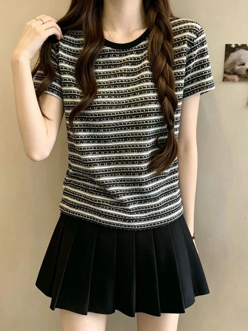 

Stripe Pattern Short Sleeve T-Shirt Women's Fashion Shoulder Line Tee Summer New Style plus Size Elegant Top