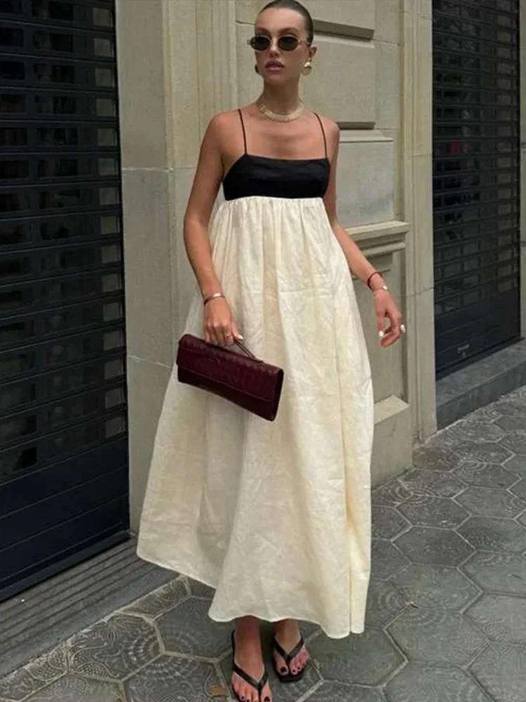 

Sansheng newBlack White Patchwork Slip Dresses Pleated Loose Color Contrast French Sexy Women Linen Suspender Long Dress Fashion