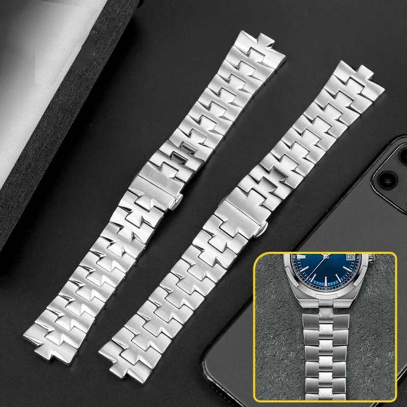 24mm*8mm Convex mouth Stainless steel Watch Band for Vacheron Constantin OVERSEAS Strap Men Silver Solid Metal  Bracelet