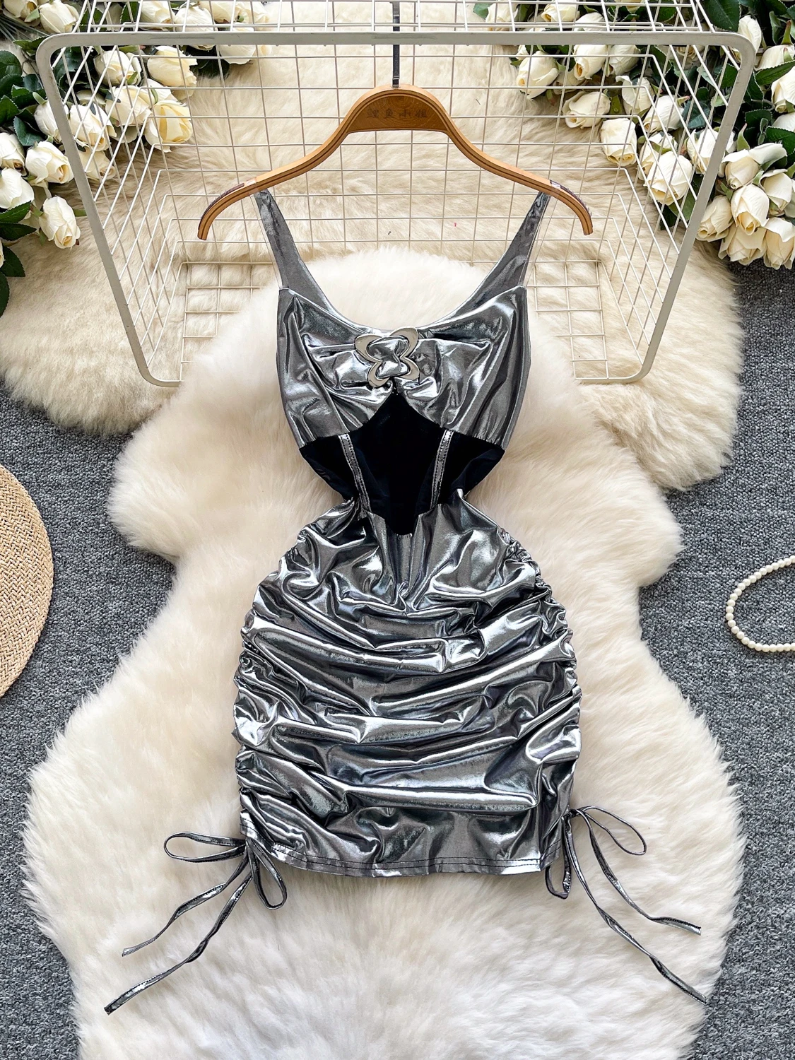 

Korean Sle High Waist Sexy Bright Surface Svel Women's Dr Commute Dstring Pleated ort A-Line Skirt