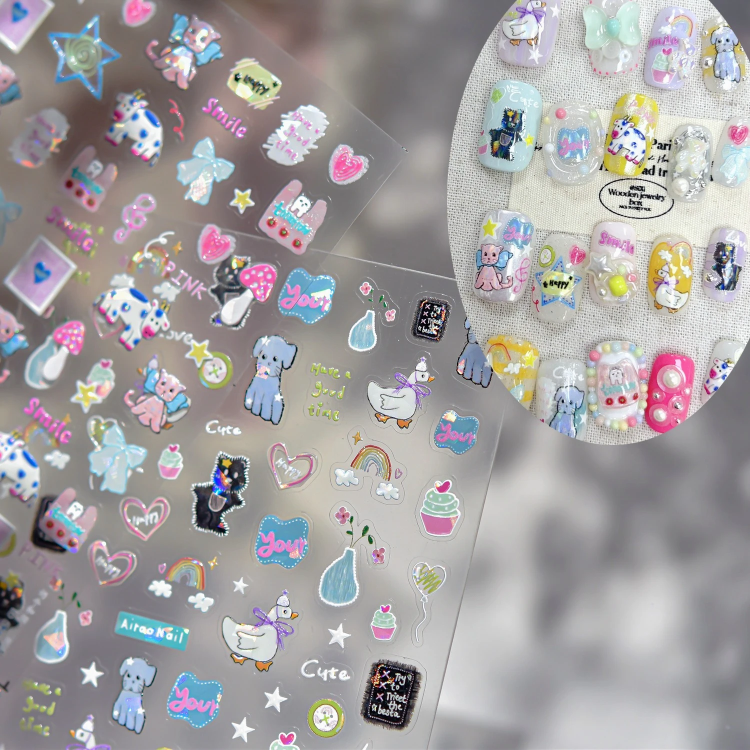 Patch cane mucca gatto bowknot nota stella cuore fungo anatra pulsante torta palloncino arcobaleno nuvola adesivi per nail art decalcomanie per manicure fai da te