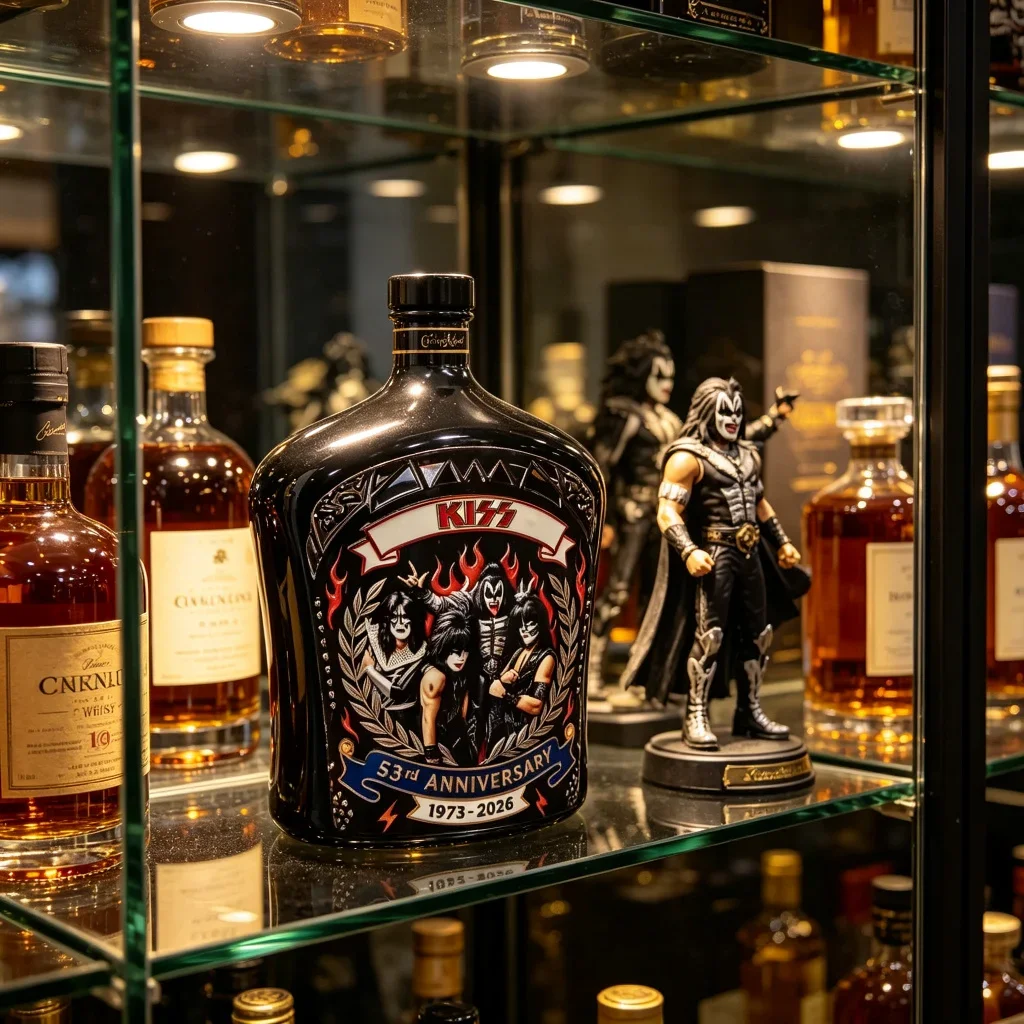 1973-2026 KISS Heavy Metal Rock Band 53rd Anniversary Printed Whiskey Bottle Vintage Decorative Decanter Home Bar Counter