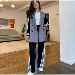 Striped Contrast Color Blazer Pants Suits Women Patchwork Button Notched Jacket Wide Leg Trousers Sets Female Fashion Chic Set