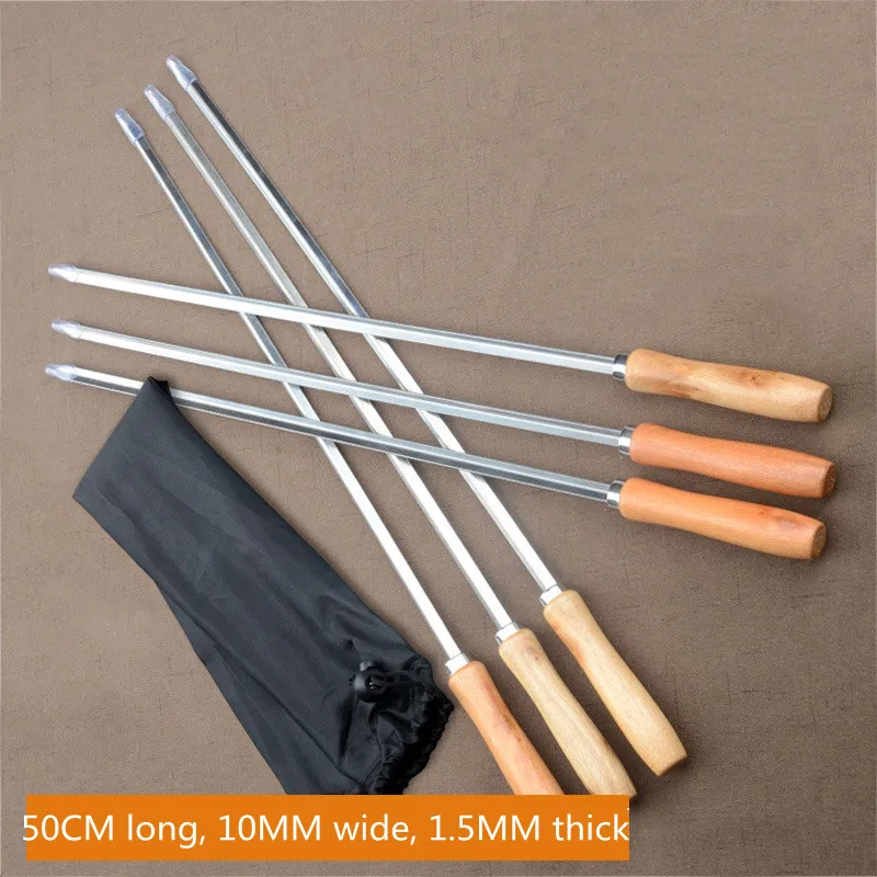 6pcs BBQ Skewers 50cm V-type Long Handle Shish Kebab Barbecue Grill Stick Wood BBQ Fork Stainless Steel Outdoors Grill Needle