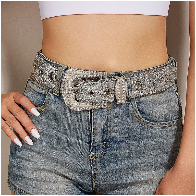 

womens luxury fashion soft leather belts black silver rhinestone pin buckle belt punk rock waistband youth girls strapon leash