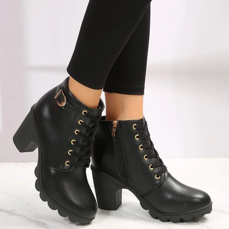 Botines de tacón alto grueso para mujer, botas de plataforma con