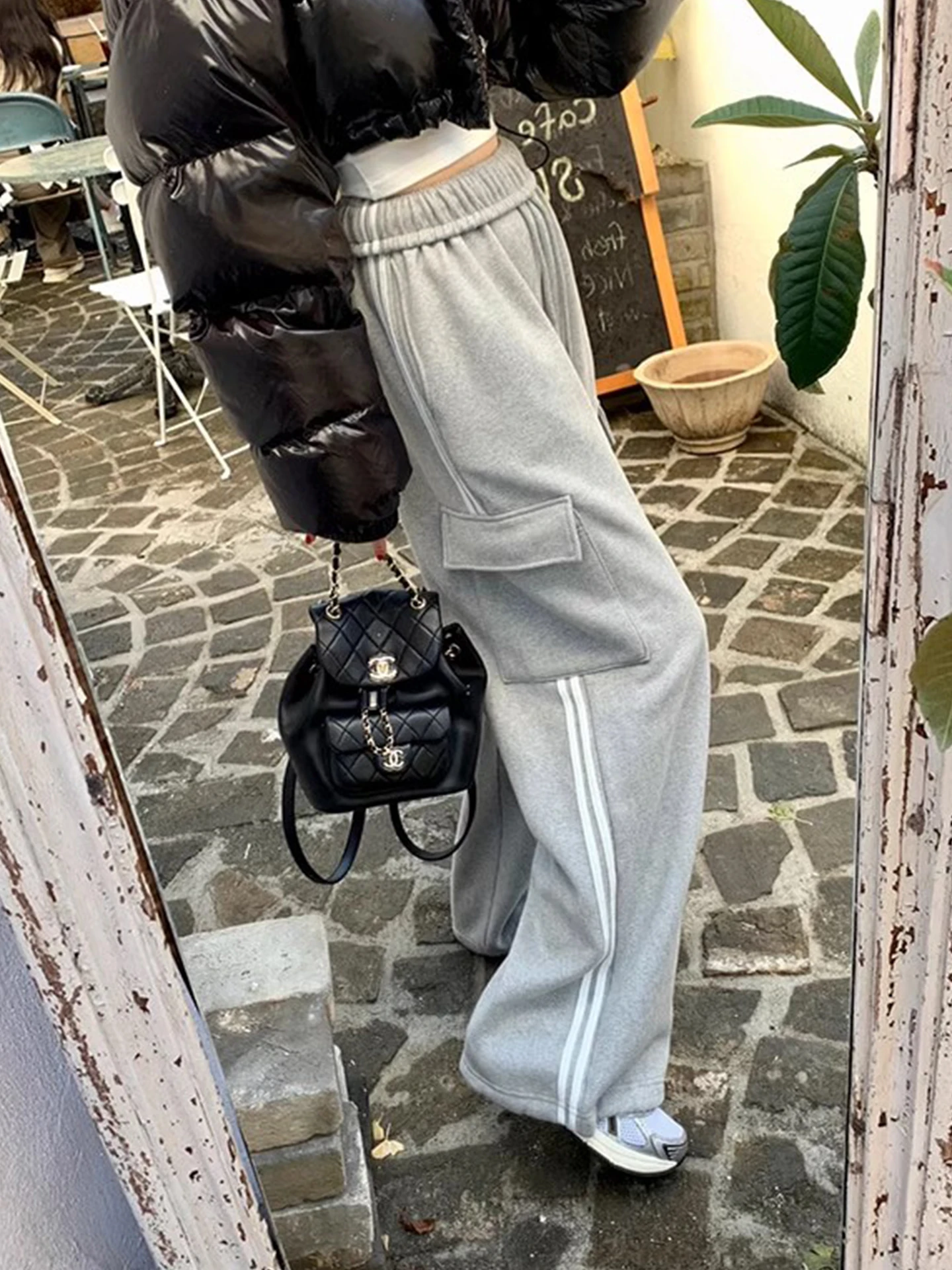 Hohe Taille Fce Gefüttert Casual Hosen Frauen Herbst Winter Breites Bein Gestreiften Farbe Blo Gürtel Schlankheits Gerade Bein Hosen