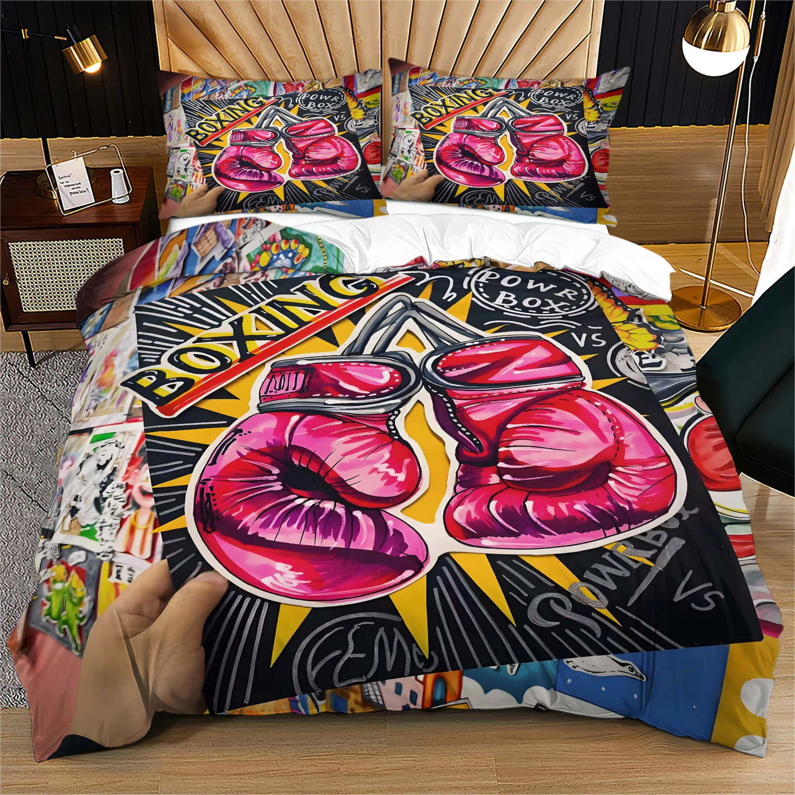 Boxing Glove Graffiti Duvet Cover Set Sport Boxing Theme Bedding Set Polyester Quilt Cover with Pillowcases Modern Home Bedroom