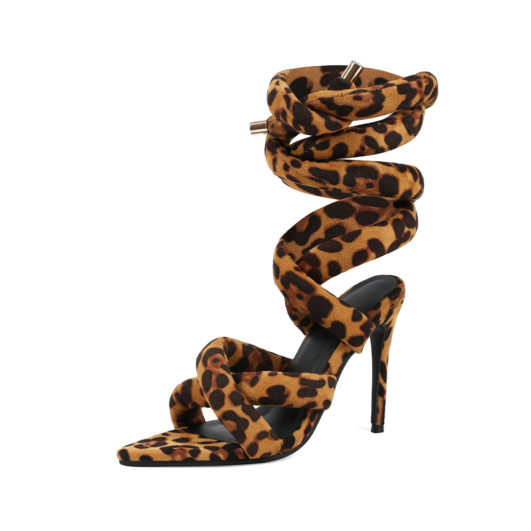 Leopard Print Spiral Wrap Around Ankle Sandals Women Pointed Toe Flannel Stiletto High Heel Party Heel Shoes