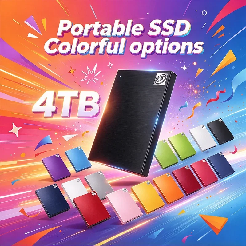 SSD externo portátil de alta velocidade com capacidade de 4 TB, disponível em várias cores, para uso em laptops, computadores de mesa e como armazenamento externo para telemóveis.