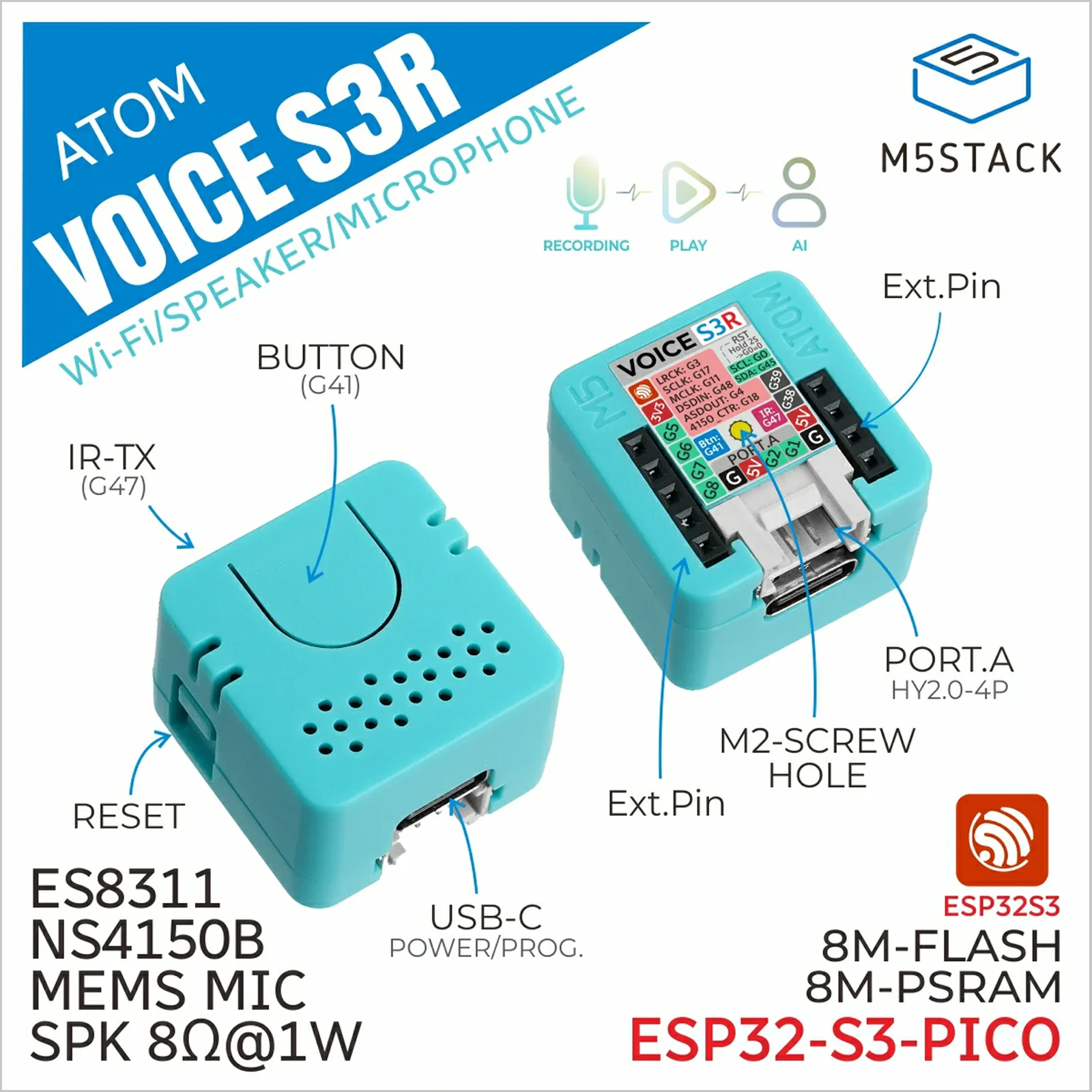 M5Stack Official ATOM VoiceS3R Smart Speaker Dev Kit For Home Assistant Voice Control Programmable IoT Interaction Controller
