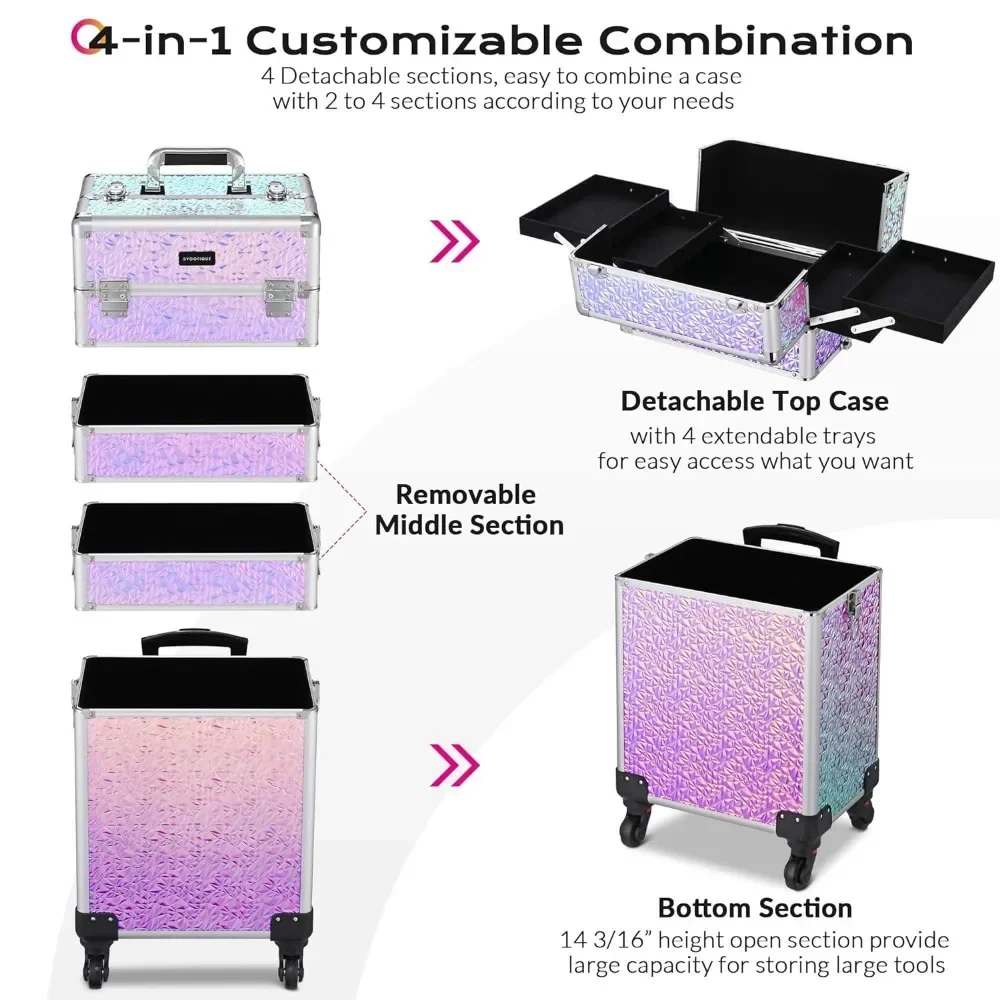 Rolling Makeup 4-in-1 Cosmetic Trolley, Organizer Suitcase, Lockable Salon Barber Station Wagon Trunk with Removable Wheels