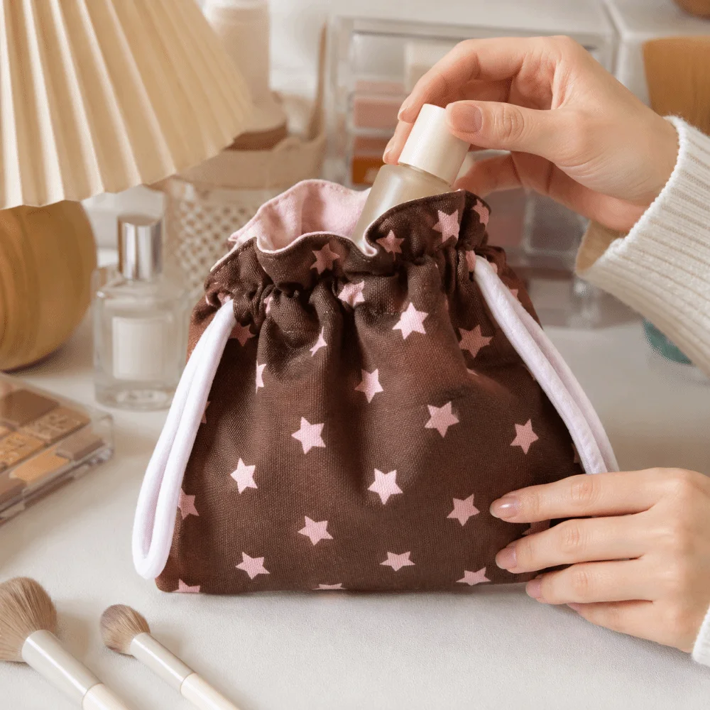 Y2K Canvas Drawstring Makeup Bag Portable Dustproof Small Organizer Rope Star Pattern Cosmetics Bag Stationery Storage