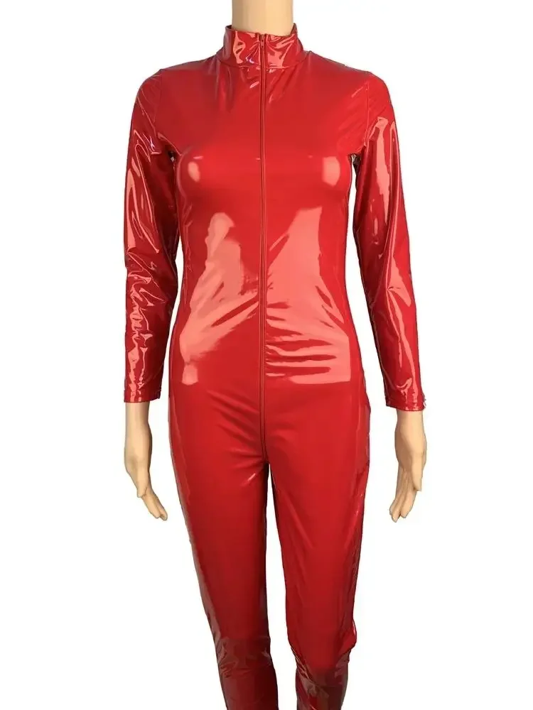 S-5XL Unisex Wet Look PVC Catsuit Long Sleeve Shiny PU Leather Open Crotch Bodysuit Tigths Leotard Conjoined Jumpsuit Sexy Body