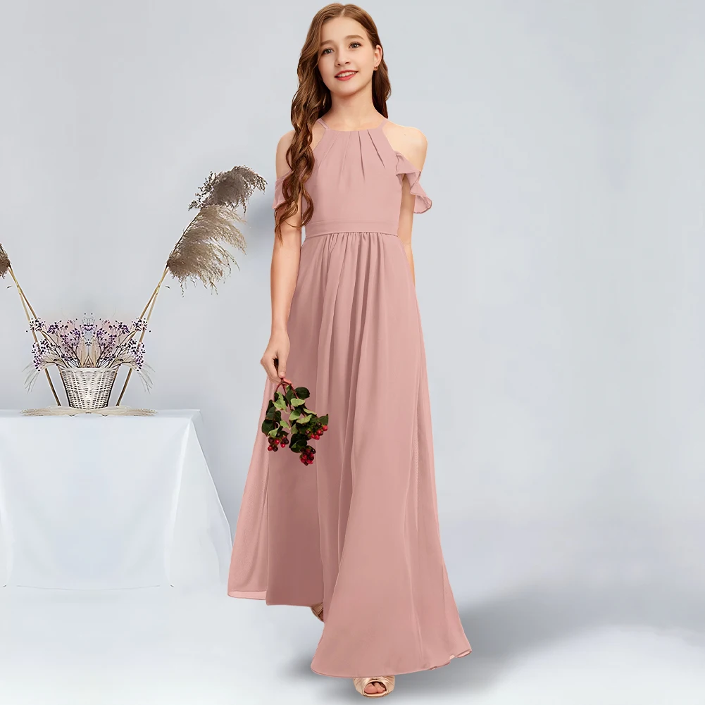 

Elegant A-Line Halter Floor-Length Chiffon Junior Bridesmaid Dress Stunning Dusty Rose Flower Girl Gown for Wedding Party Teens