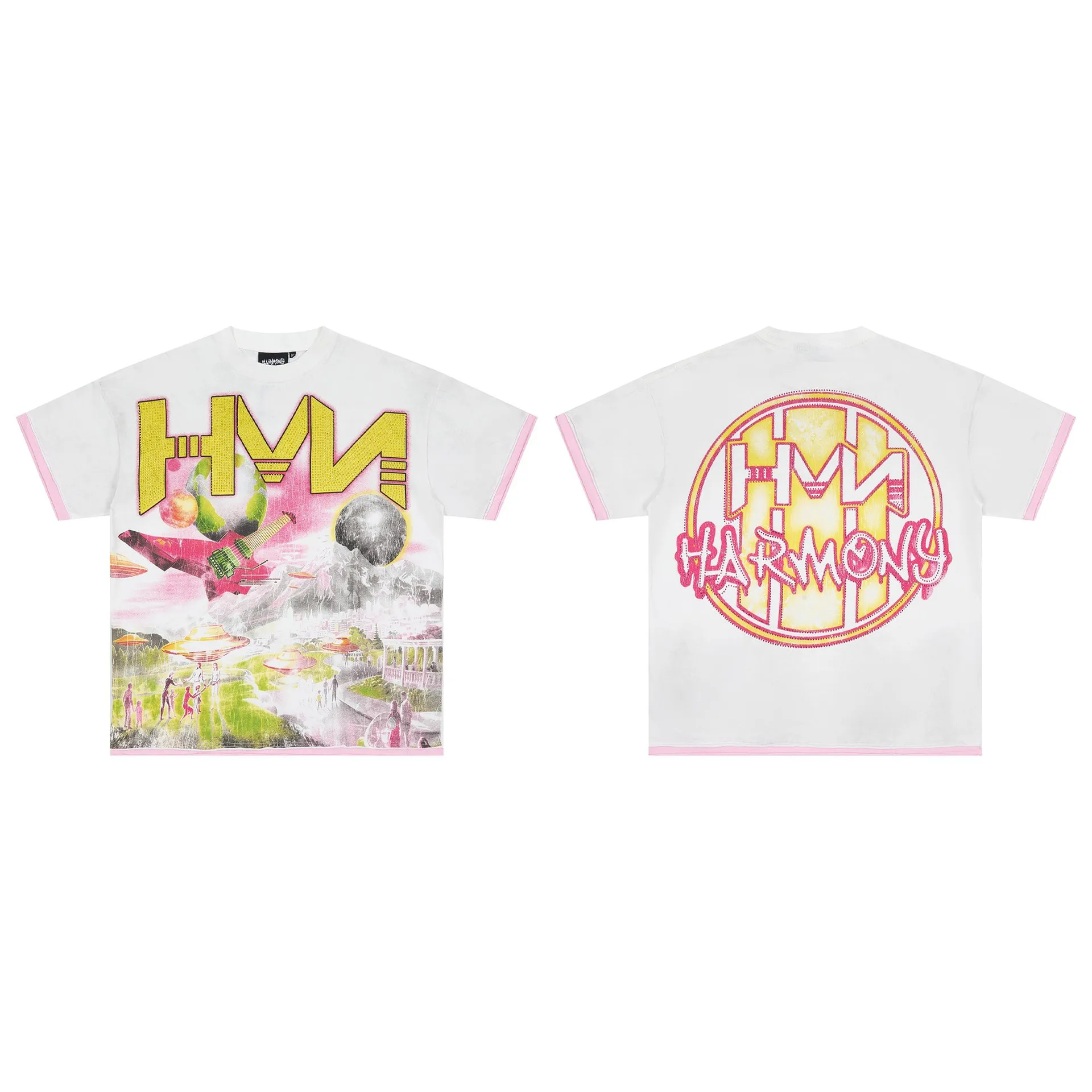 Harmony Hip-Hop Brand Diamond-Studded Patchwork Short-Sleeved T-Shirt for Men and Women Summer Streetwear