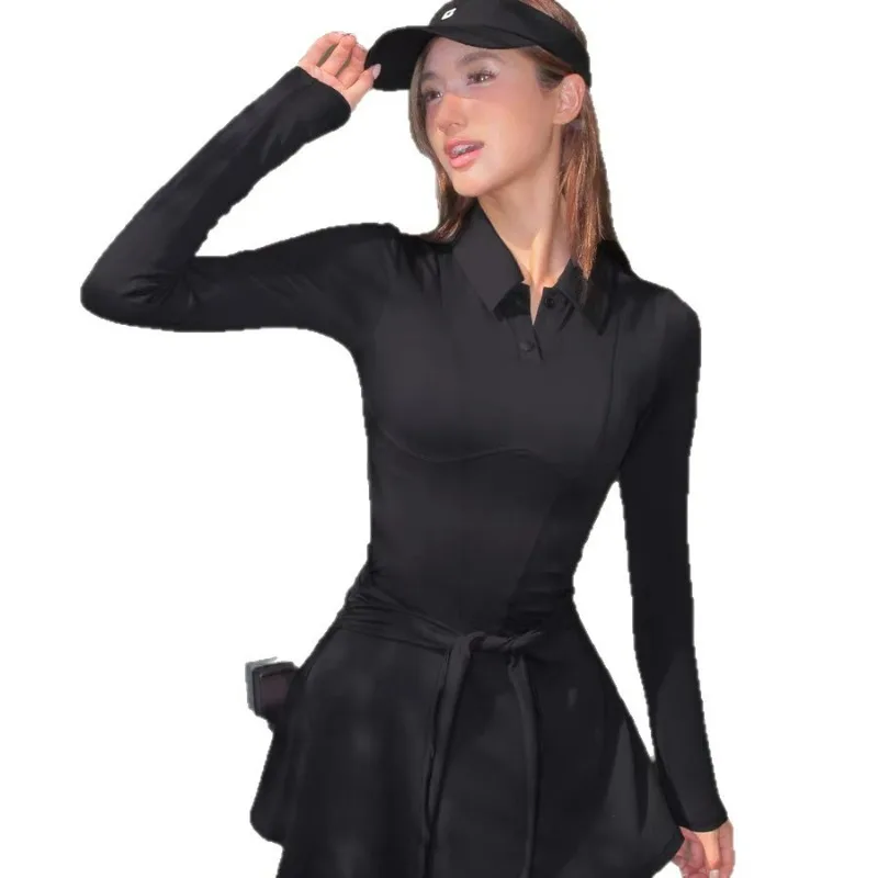 

2025New Spring and Autumn Sports Tennis Dress with Strap, Long Sleeve Yoga Dress, Outdoor Sports High End Golf Dress