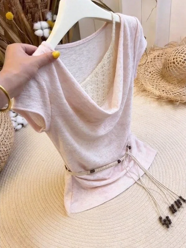 

Women's Lace Trim Short Sleeve Top Slimming Waist Design Breathable Korean Style Commute Wind Summer Inner Wear plus Size