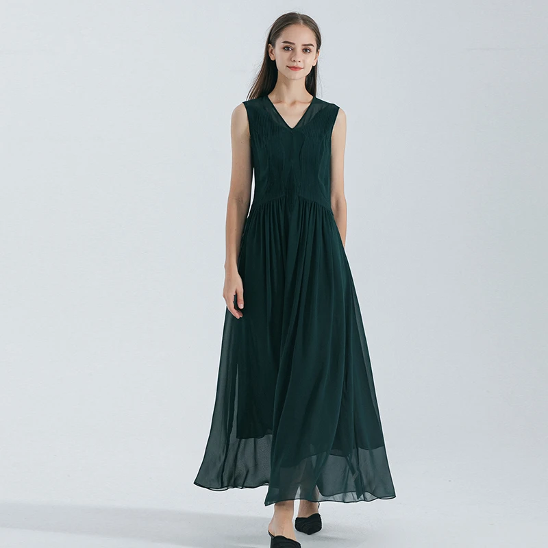 Malachite Green Double Layer Georgette Silk Dresses V-Neck Accordion Pleated Sleeveless Tie Loose Lightweight Dress AE1669