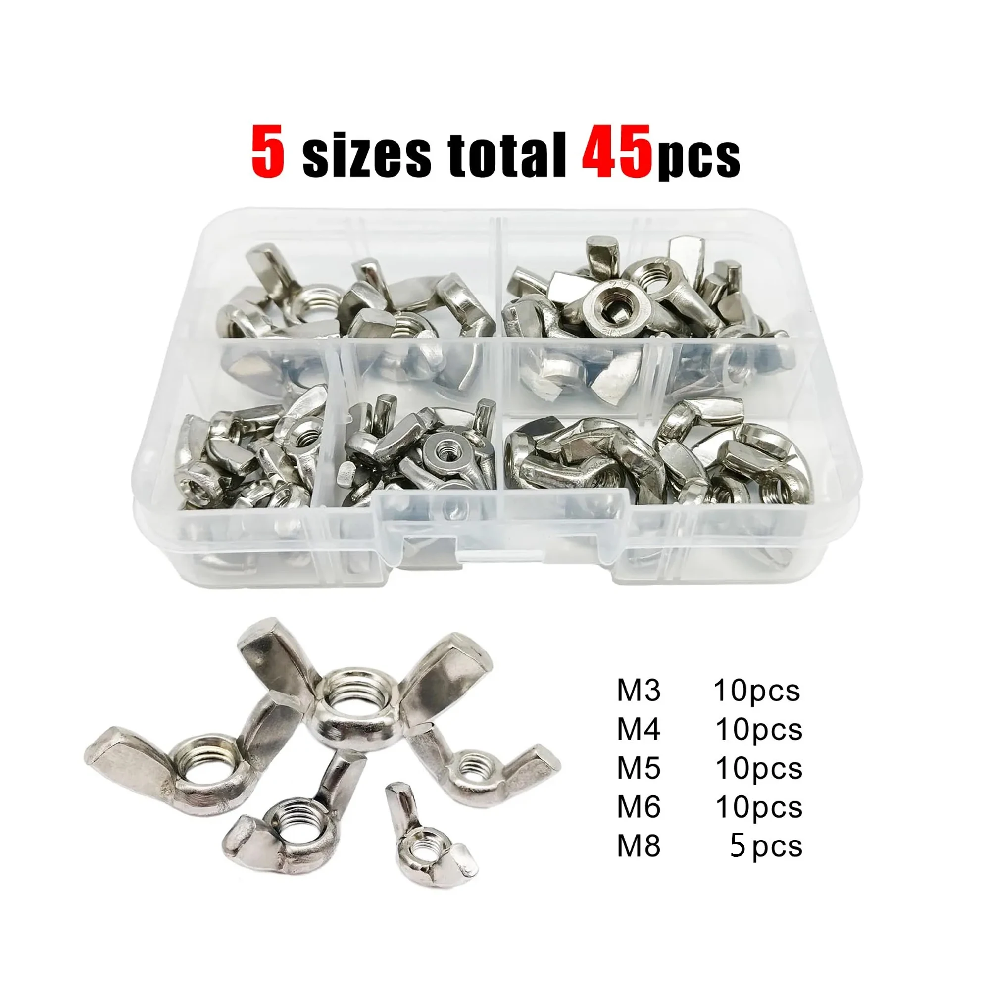 45pcs/box Wing Nut Adjust Thumb Butterfly Ear Nut Hand Tighten Thumbnut M3 M4 M5 M6 M8 Assortment Kit Set 304 A2 Stainless Steel