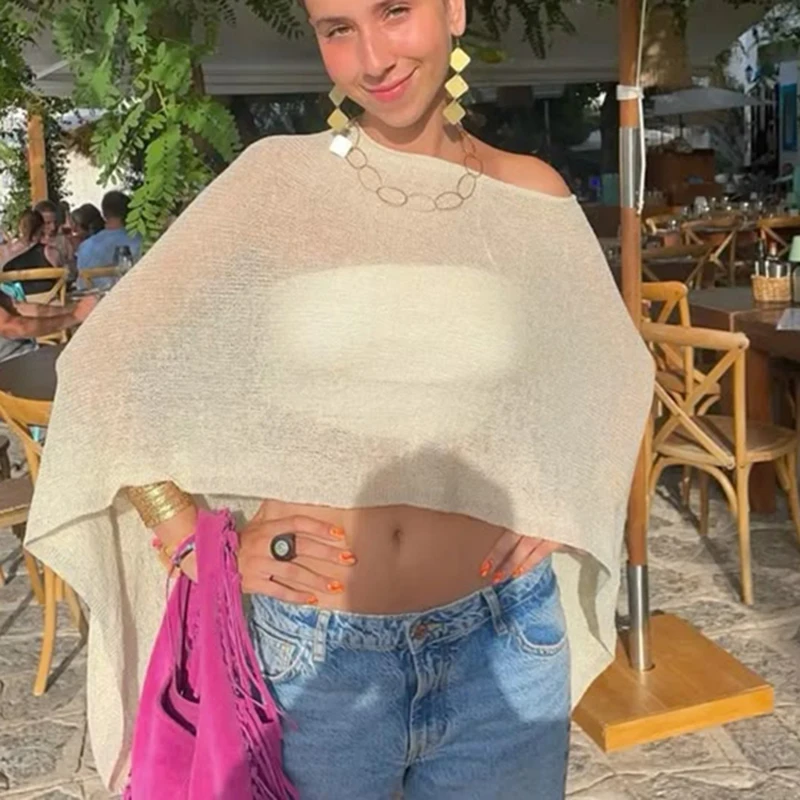 Châle de Protection solaire d'été, style Boho, Cover-up pour vacances à la plage, haut court tricoté irrégulier, T-shirt smocké Vintage esthétique Y2k
