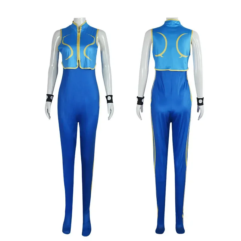 Games Chun Li Cosplay Costume Blue Bodysuit Battle Game Bodysuits Women Girls Chun-Li Suit with Bracelet and Hair Ties