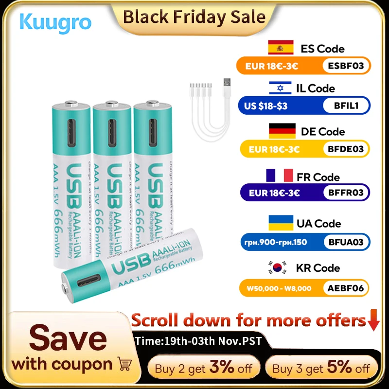 

kuugro USB 1.5V AAA Rechargeable Lithium ion Batteries 666mWh 1.5V aaa Li-ion Battery
