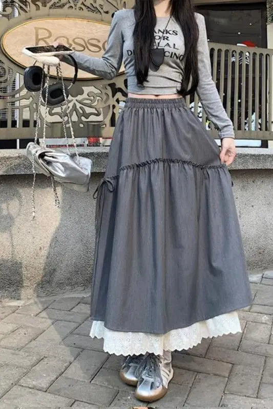 

New Elastic Lace Trim Long Skirt with Splice, High Waist, Versatile Fashionable Autumn Draped Midi Skirt