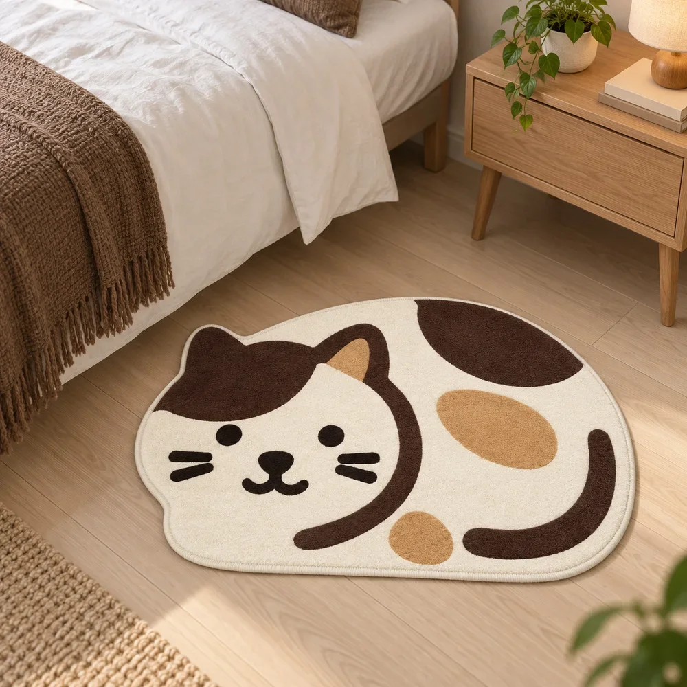 Sleeping Calico Cat Irregular Shaped Area Rug, Soft Non Slip Floor Mat for Bedroom Living Room Entryway Nursery Reading Corner