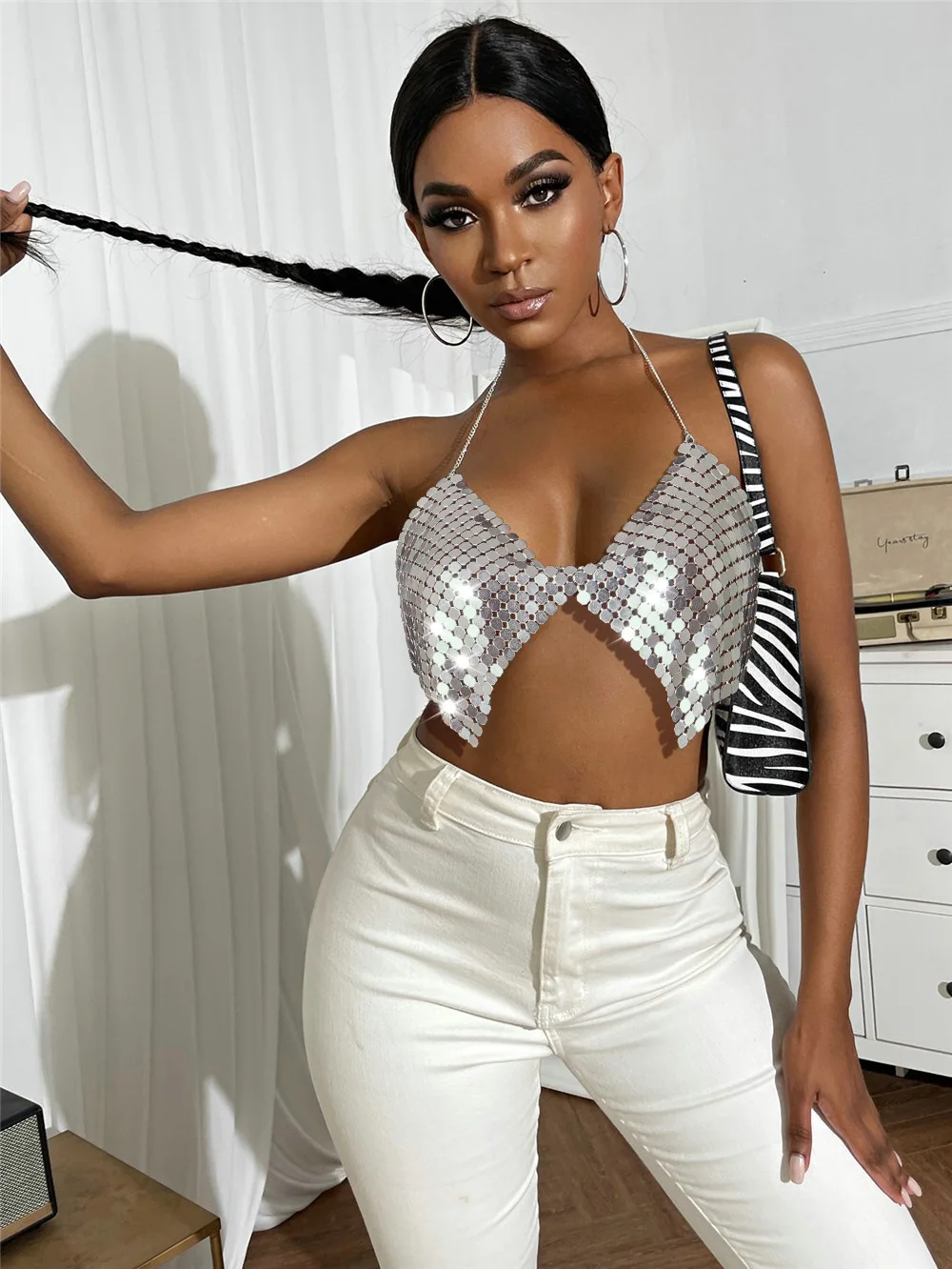 

Sexy Nightclub Women Tank Tops Metal sequins Streetwear Club Party Rave Festival Crop Top Backless Camis