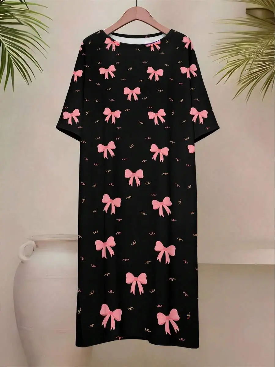 

Women Short Sleeve Dress Pink Bow Print Black Casual Loose Fit Everyday Outfit