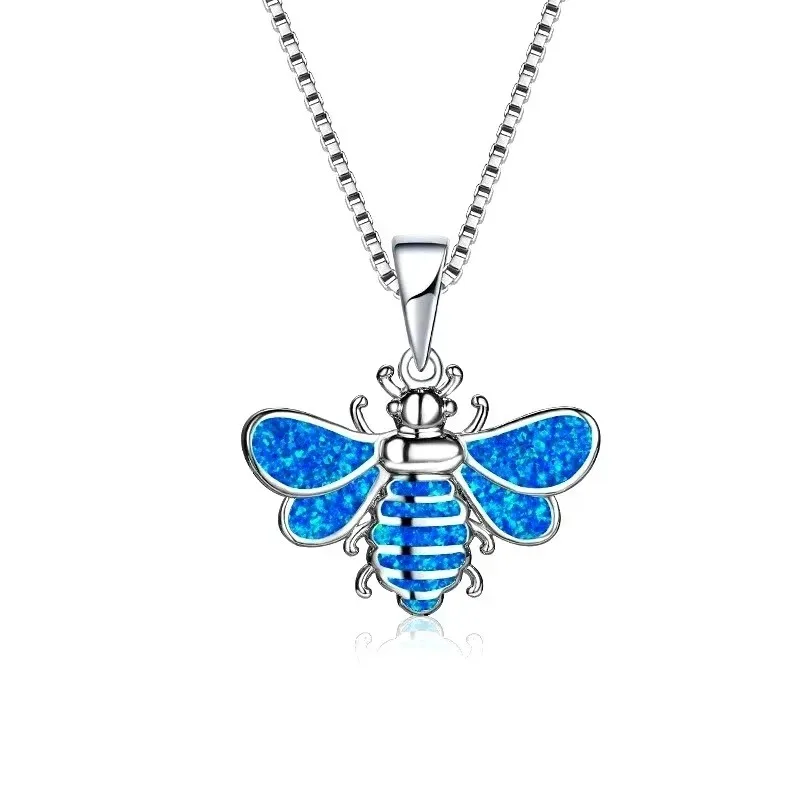 Fashion Cute Animal Bee Pendant Necklace For Women Inlay Blue Imitation Opal Necklace Wedding Jewelry Christmas Gifts for Her