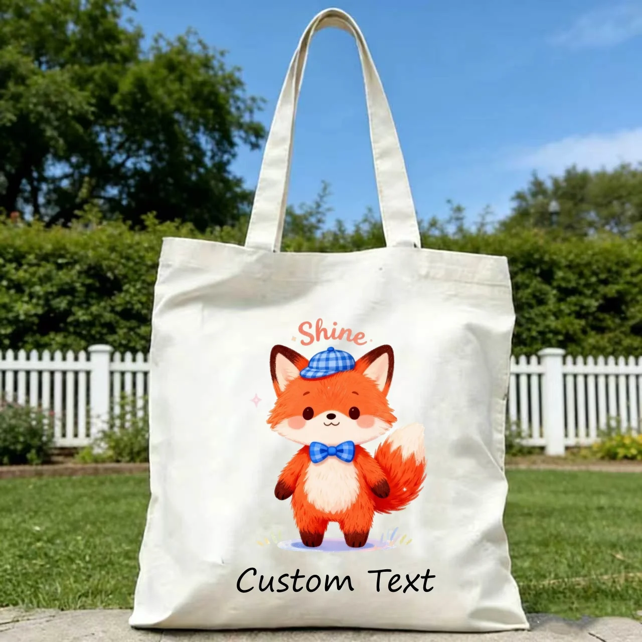 1PC Custom Text Canvas Tote Bag, Cute Cartoon Red Fox With Blue Beret Bow‑tie Print Reusable Shopping Shoulder Handbag