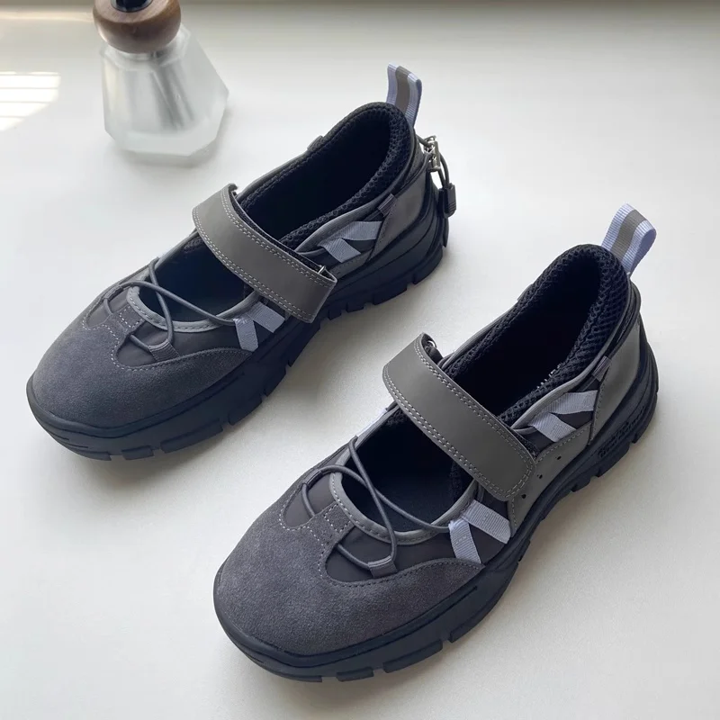 

2025 Spring New Women's Ballet Shoes Round Toe Thick Bottom Wedge Heel Lace-up Velcro Casual Sports Ladies Shallow Single Shoe