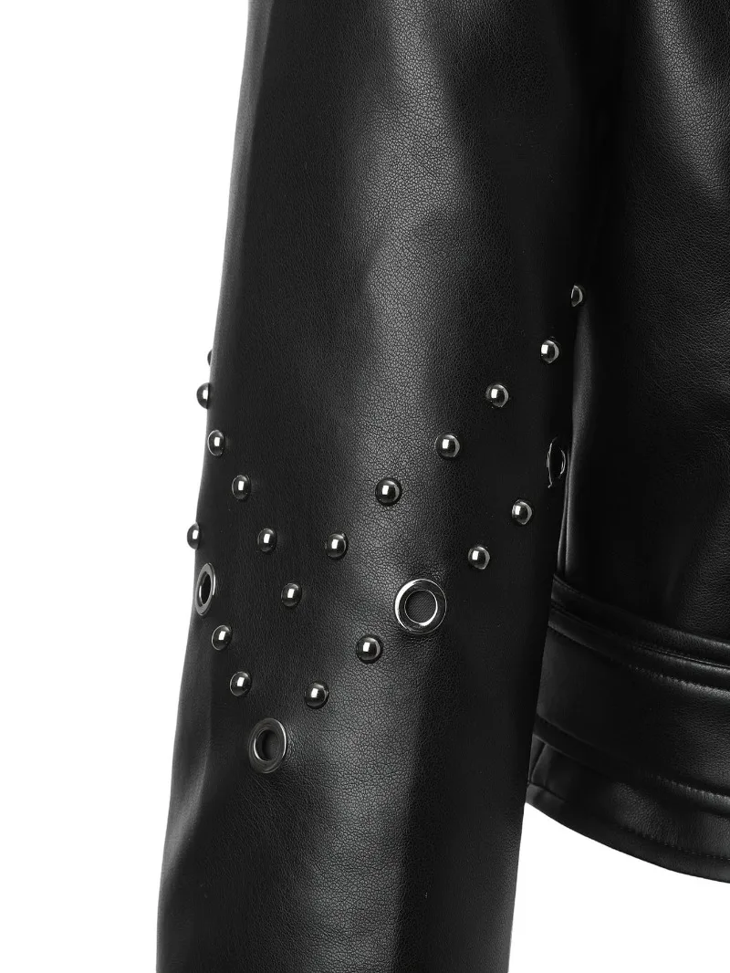 Jaqueta de couro preta de ajuste regular feminina high street moto biker jaqueta outono blusão punk rebite jaqueta bomber roupas femininas