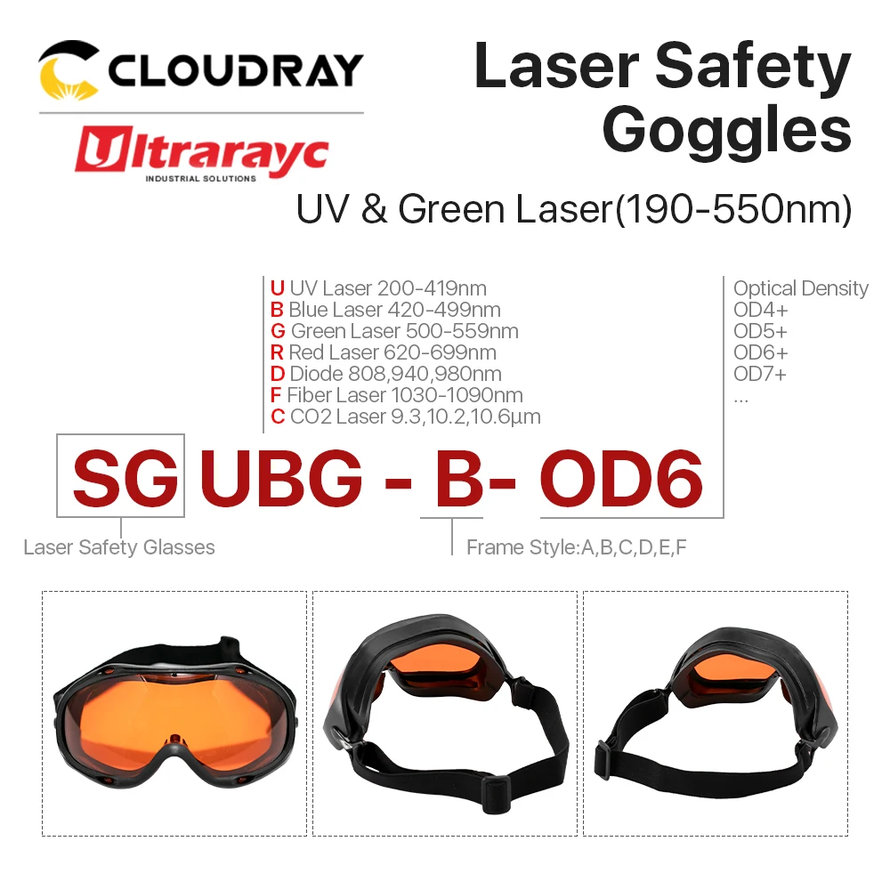 Ultrarayc Laser Óculos de Segurança, CE Óculos de Proteção para UV e Máquina Laser Verde, OD6 +, 190-550nm