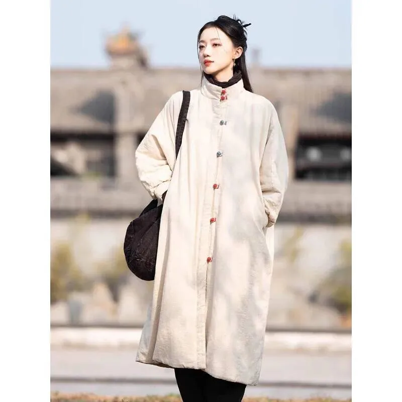 

Women's Jacket Winter New Retro Chinese Style Button Linen Quilted Loose Warm Long Cotton Coat