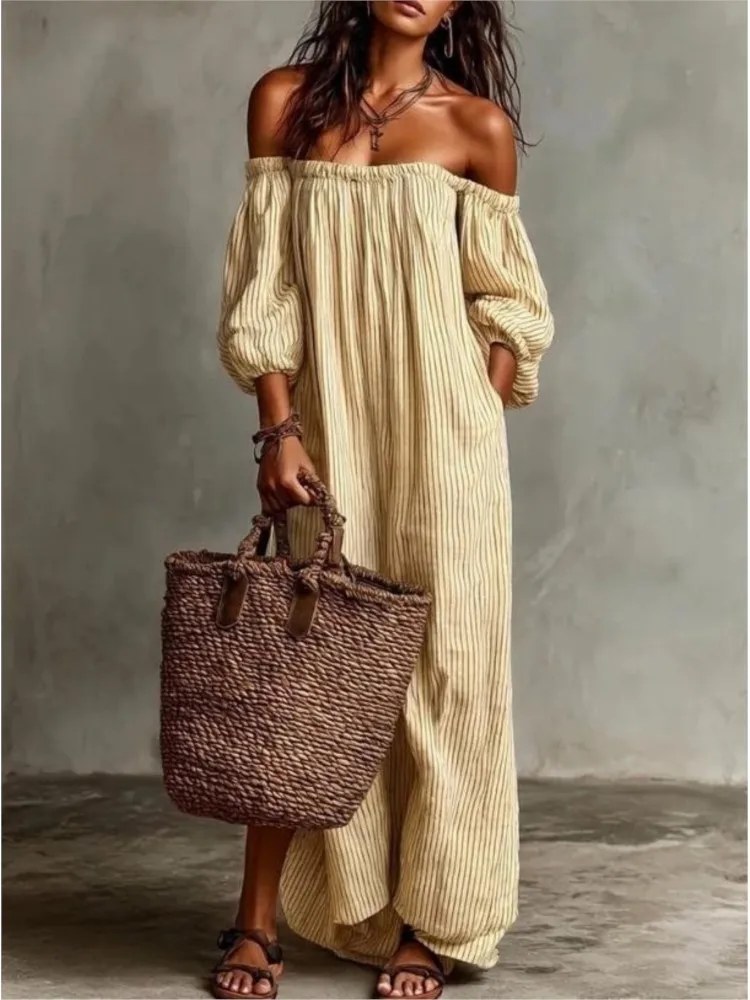 

Fashion New Off Shoulder Puff Sleeve Long Dresses Woman Casual Striped Print Loose Maxi Dress Summer Hollow Pocket Beach Dress
