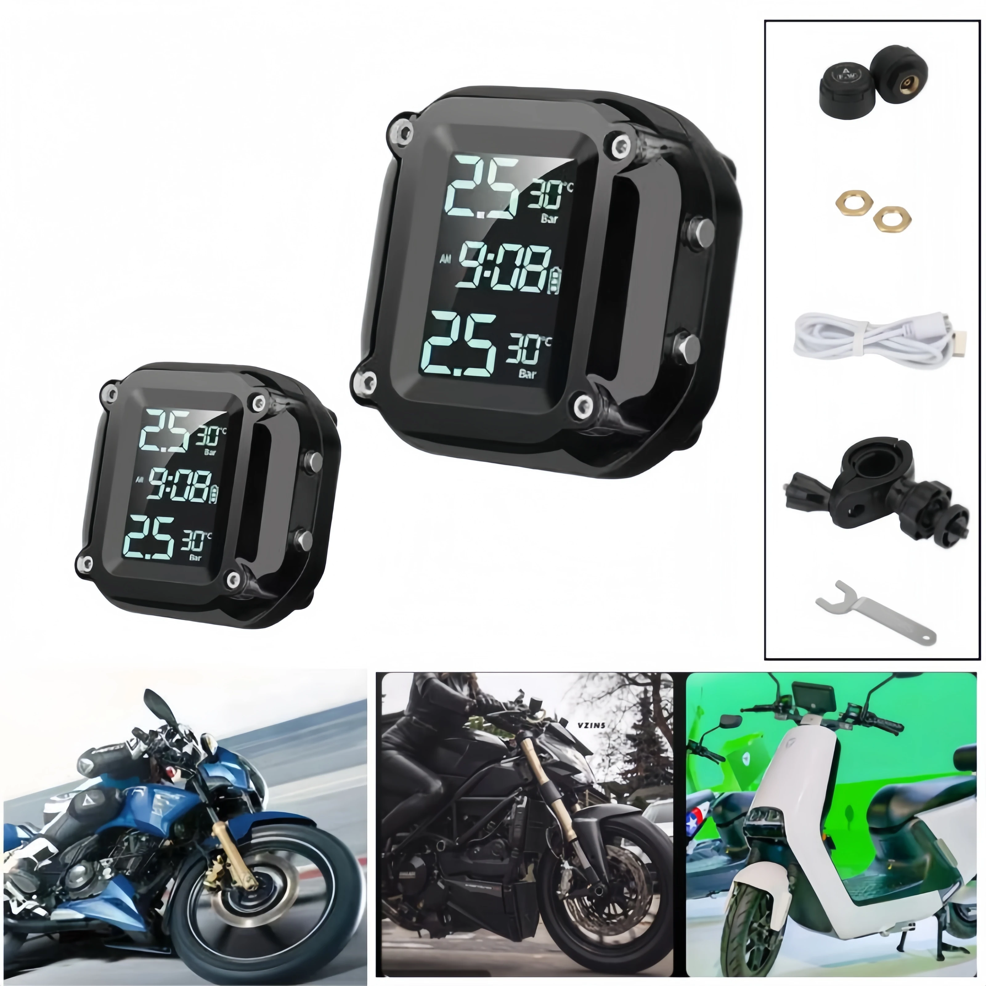 Motorcycle Wireless TPMS LCD Display Real Time Alerts Waterproof External Sensors Tire Pressure Temperature Monitor Safe Ride