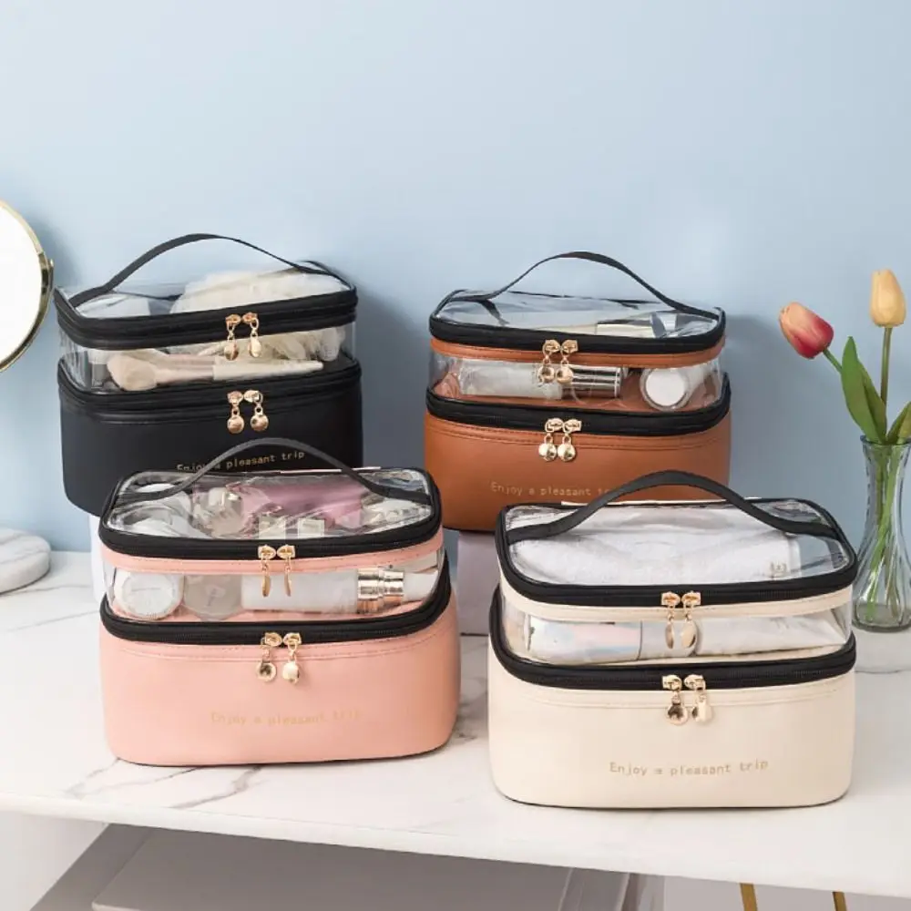 

Waterproof Transparent Cosmetic Box PU PVC Travel Toiletries Storage Bag Makeup Bag Double Layers Cosmetic Organizer Bag