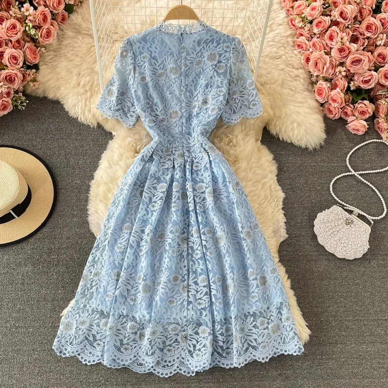 2022 New Arrive Women Lace Hollow Out Long Dress High Waist Stand Collar Short Sleeve Female Temperament Big Swing Dress