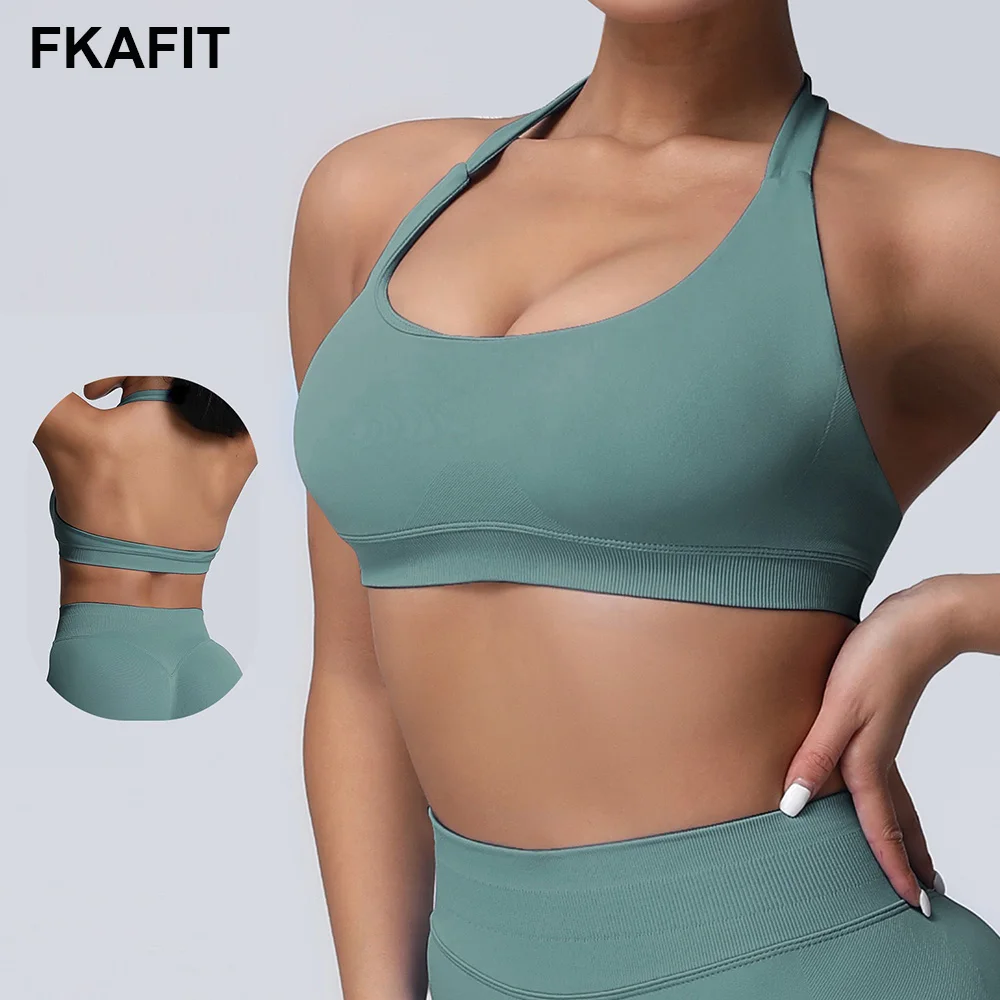 Sports Bra Women Seamless Halter Top High Support Impact Push-up Open Back Gym Wear Fitness Yoga Workout Underwear